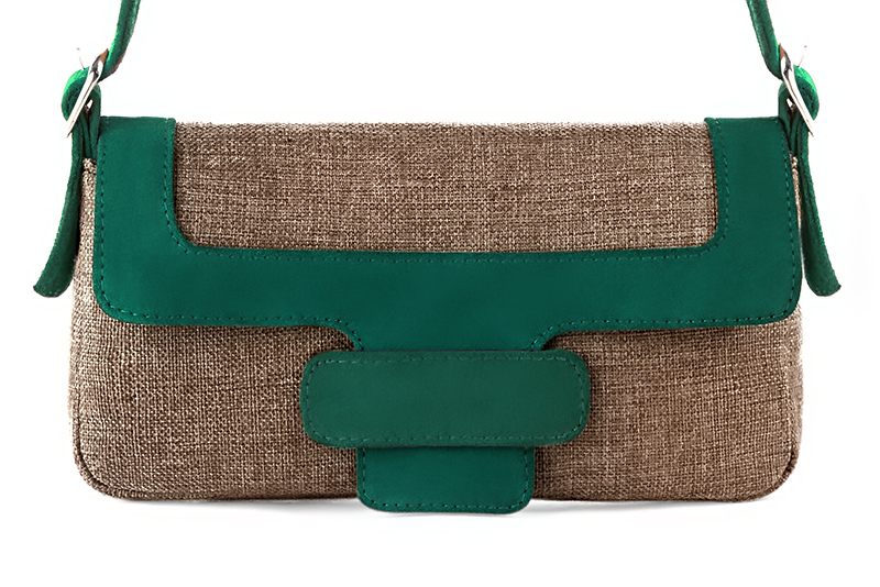 Caramel brown and emerald green women's small dress handbag, matching pumps and belts - Florence KOOIJMAN